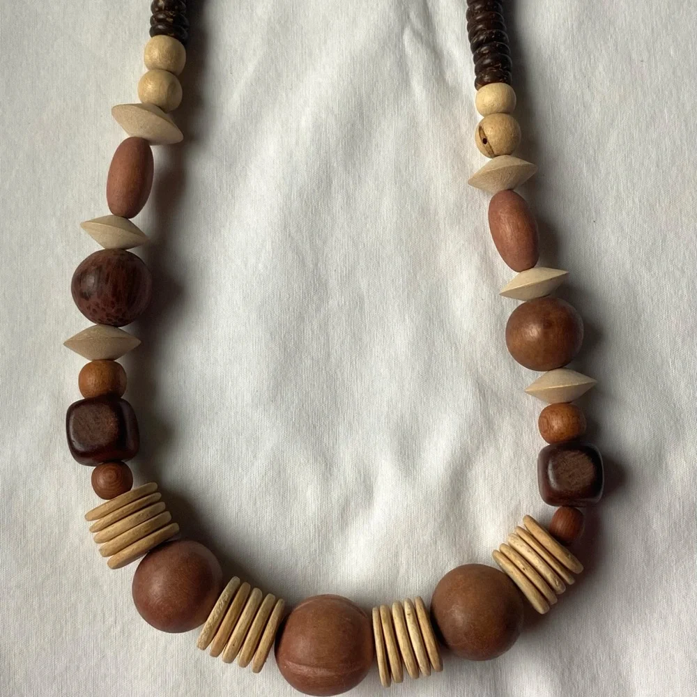 Statement Chunky Wood And Coconut Shell Bead Necklace Bohemian Tribal Brown